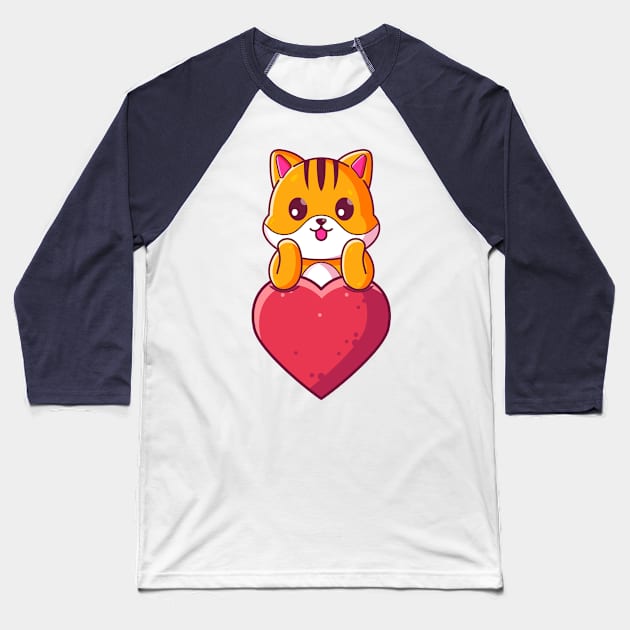 Cute cat with big love. Gift for valentine's day with cute animal character illustration. Baseball T-Shirt by Ardhsells